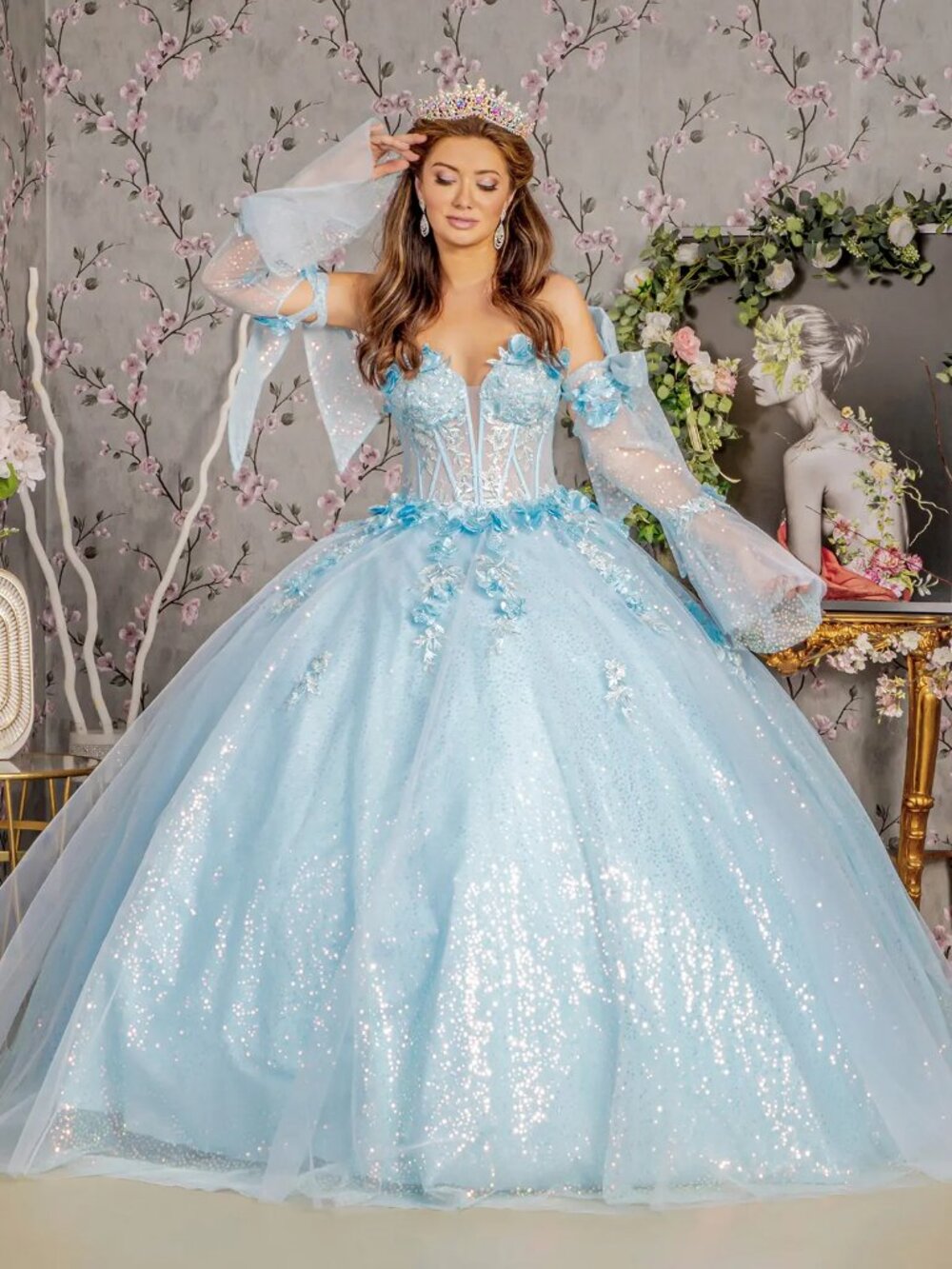 NEW BABY BLUE Mesh Evening Gown Floor Length Formal Elegant GL3486